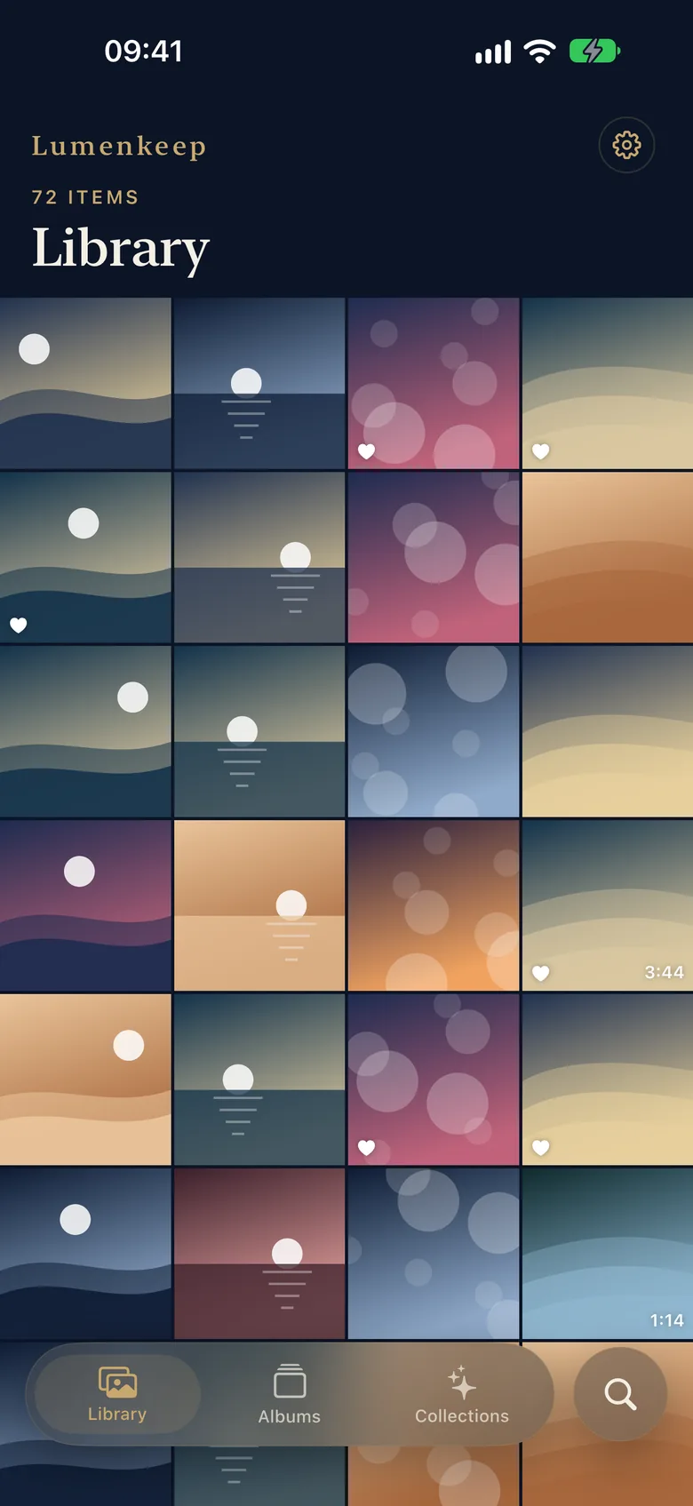 The Lumenkeep library: a grid of pictures under the serif Lumenkeep title, with a floating tab bar for Library, Albums and Collections and a separate search button.
