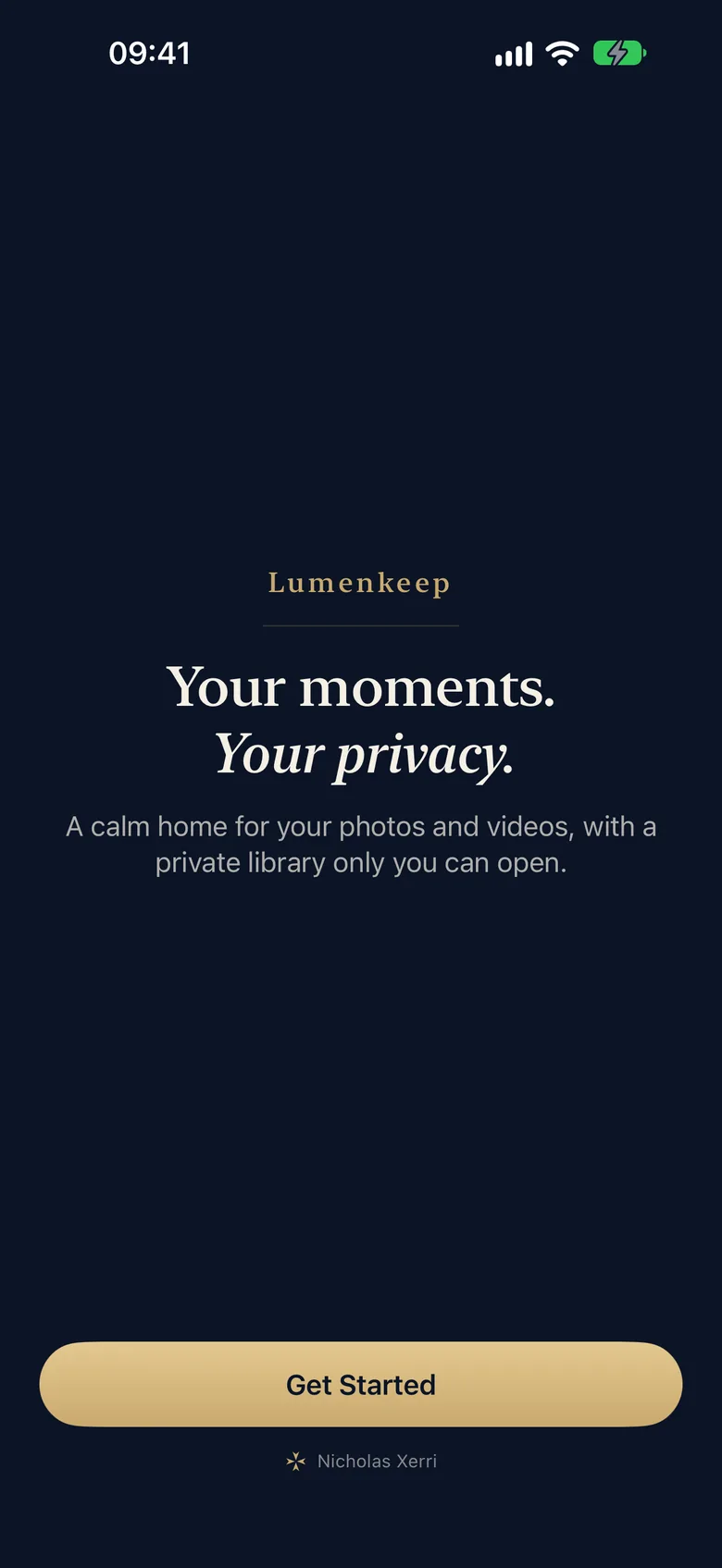 The Lumenkeep welcome screen: Your moments. Your privacy. with a Get Started button.